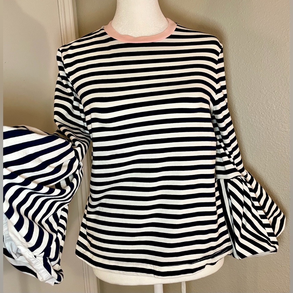 English Factory Striped Bell Sleeve Top with Pastel Pink Trim - Size S